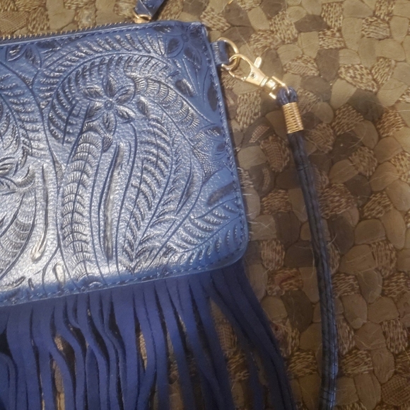 Free People Blue Embossed Fringe Bag. - Picture 12 of 14